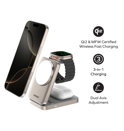 Momax 1-Charge Q.Port 3-in-1 Foldable Qi2 15W Magnetic Wireless Charging Stand