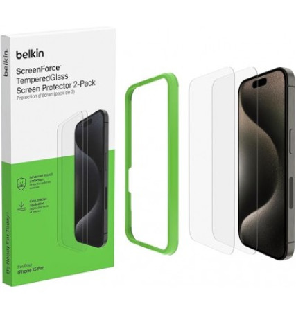 Belkin Tempered Glass Screen Protector Guard for iPhone 15 with Easy Installation Frame - 2 Pack